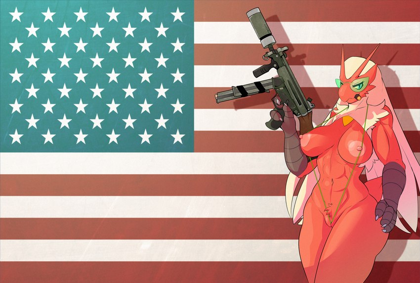 abs american_flag anthro anthrofied areola big_breasts bikini blonde_hair blue_eyes breasts canton casual_exposure cigar clothed clothing eyewear female flag flag_background genitals glasses gun hair holding_gun holding_object holding_ranged_weapon holding_weapon humanoid_genitalia humanoid_pussy ineffective_clothing long_hair looking_at_viewer micro_bikini mostly_nude mouth_hold mp5 muscular muscular_anthro muscular_female nipple_dip nipples non-mammal_breasts one-piece_swimsuit pink_areola pink_nipples pokemorph pussy pussy_floss ranged_weapon silencer simple_background skimpy sling_bikini smoking solo star_polygon star_print submachine_gun swimwear two-piece_swimsuit united_states_of_america weapon lysergide nintendo pokemon avian bird blaziken generation_3_pokemon pokemon_(species) 2016 hi_res