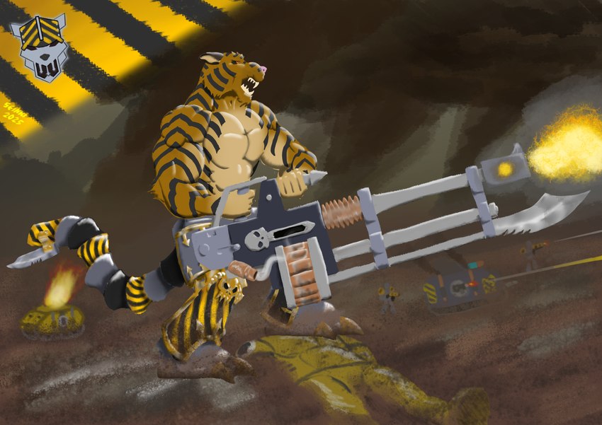 autocannon battle big_gun chaos_space_marine gun male mud muscular naked_torso pecs ranged_weapon shooting solo space_marine striped_body stripes super_soldier weapon seinki warhammer_(franchise) warhammer_40000 imperial_fist iron_warrior felid mammal pantherine tiger absurd_res hi_res