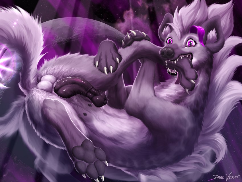 anatomically_correct animal_genitalia animal_pussy bite black_nose claws detailed_background feet female feral foot_focus fur genitals grey_hair hair highlights_(coloring) hyaenid_pussy leg_bite lying markings moon nipples on_back pawpads paws pseudo-penis pseudo_balls purple_eyes pussy self_bite soles solo space spots spotted_body spotted_fur star teats text toes veiny_pseudo-penis dark_violet dark_violet_(character) hyena mammal spotted_hyena 2023 4:3 english_text hi_res