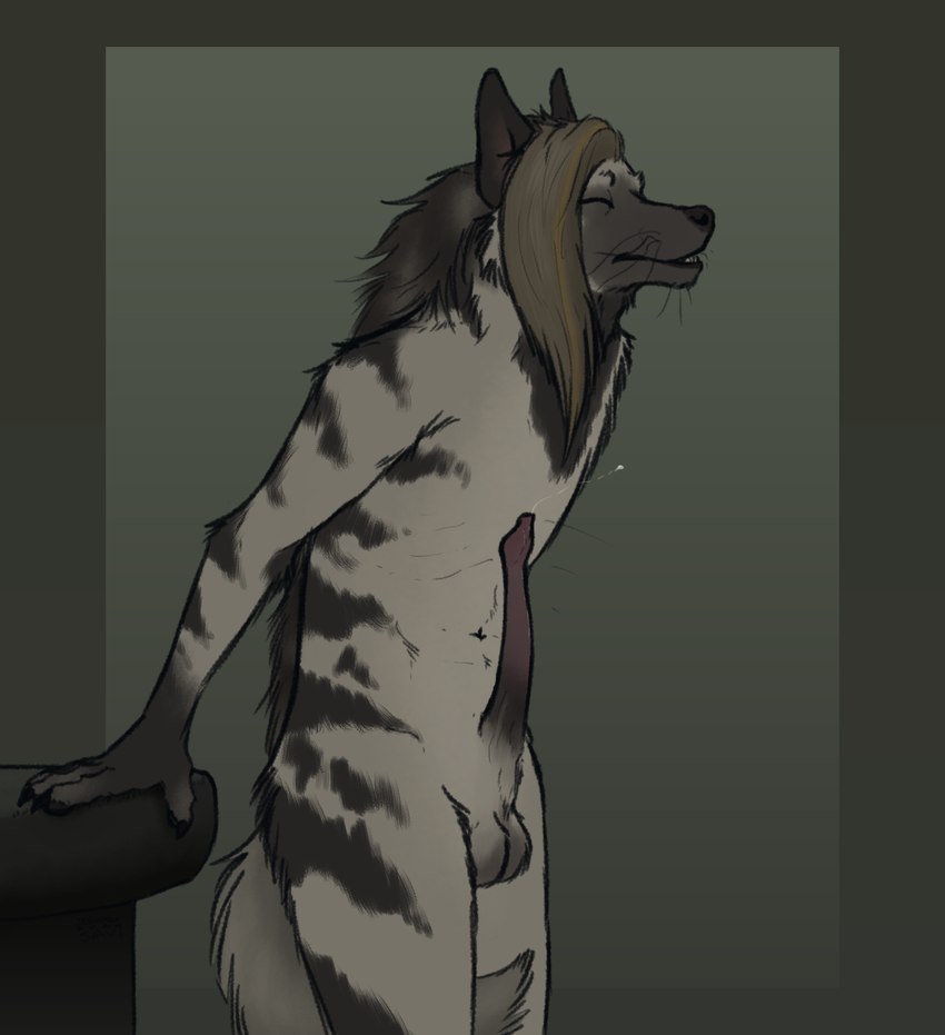 anatomically_correct anatomically_correct_genitalia anatomically_correct_penis animal_genitalia animal_penis anthro balls belly_slapping bodily_fluids brown_body brown_fur erection eyes_closed fur genital_fluids genitals gradient_penis hair hyaenid_penis long_penis male markings masturbation nude penile penile_masturbation penis precum simple_background solo striped_body striped_fur stripes tail whiskers strana_(artist) strana_(character) hyena mammal striped_hyena digital_media_(artwork) hi_res