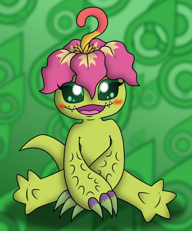 arms_down blush crest_of_purity digimon_crest female flower flower_(anatomy) green_background not_furry nude pattern_background plant simple_background smile solo symbol vector ririnmon bandai_namco digimon digimon_(species) elemental_creature flora_fauna humanoid palmon 5:6 absurd_res hi_res