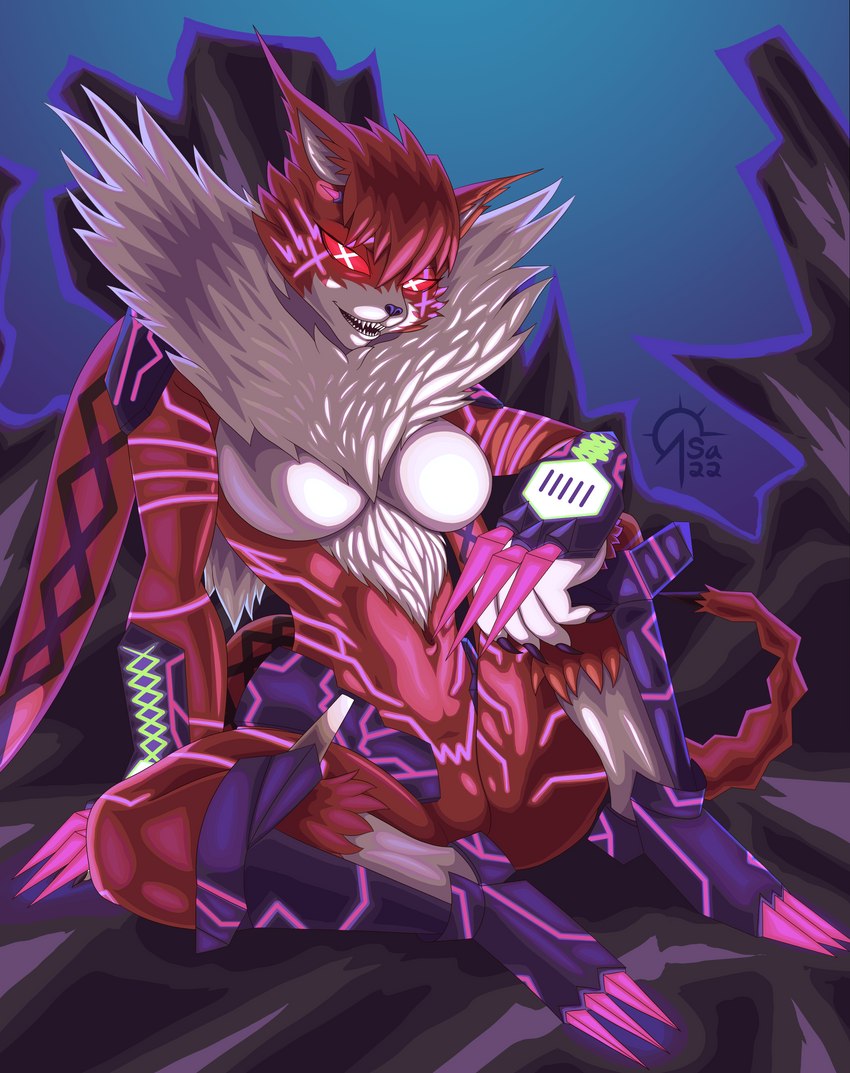 anthro armor big_breasts black_claws breasts claw_(weapon) clawed_vambrace claws cross_pupils female fur glowing glowing_claws glowing_eyes glowing_markings gradient_background markings melee_weapon multicolored_body multicolored_fur open_mouth orange_body orange_fur pupils purple_markings red_claws red_eyes sharp_teeth simple_background sitting smile smiling_at_viewer solo teeth thick_thighs unusual_eyes unusual_pupils vambrace weapon white_body white_fur sacrificabominat bandai_namco digimon digimon_ghost_game digimon_(species) domestic_cat felid feline felis maine_coon mammal meicrackmon_vicious_mode 2022 absurd_res cel_shading hi_res shaded