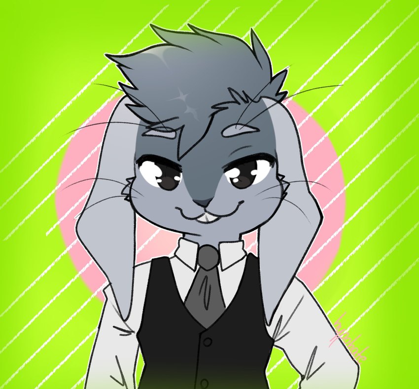 ambiguous_gender anthro clothed clothing floppy_ears fur hair looking_at_viewer lop_ears male necktie shirt simple_background smile solo suit topwear hypohate ourobunny domestic_rabbit lagomorph leporid lop_rabbit mammal oryctolagus rabbit digital_media_(artwork) hi_res