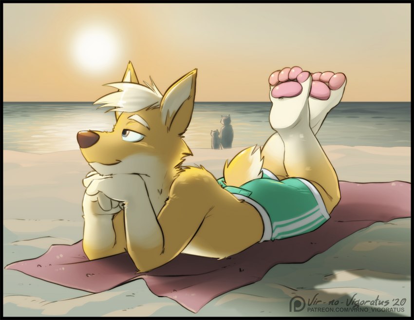 anthro barefoot beach blonde_hair brown_nose clothed clothing feet fur green_clothing green_swimwear grey_eyes hair half-closed_eyes lying male narrowed_eyes orange_body orange_fur orange_sky outside pattern_clothing pattern_swimwear pawpads pink_pawpads reflection seaside sky smile solo striped_clothing striped_swimwear stripes sun sunset swimsuit_only swimwear tan_body tan_fur text topless towel water vir-no-vigoratus avery_(vir-no-vigoratus) canid canine canis domestic_dog herding_dog mammal pastoral_dog welsh_corgi 2020 url