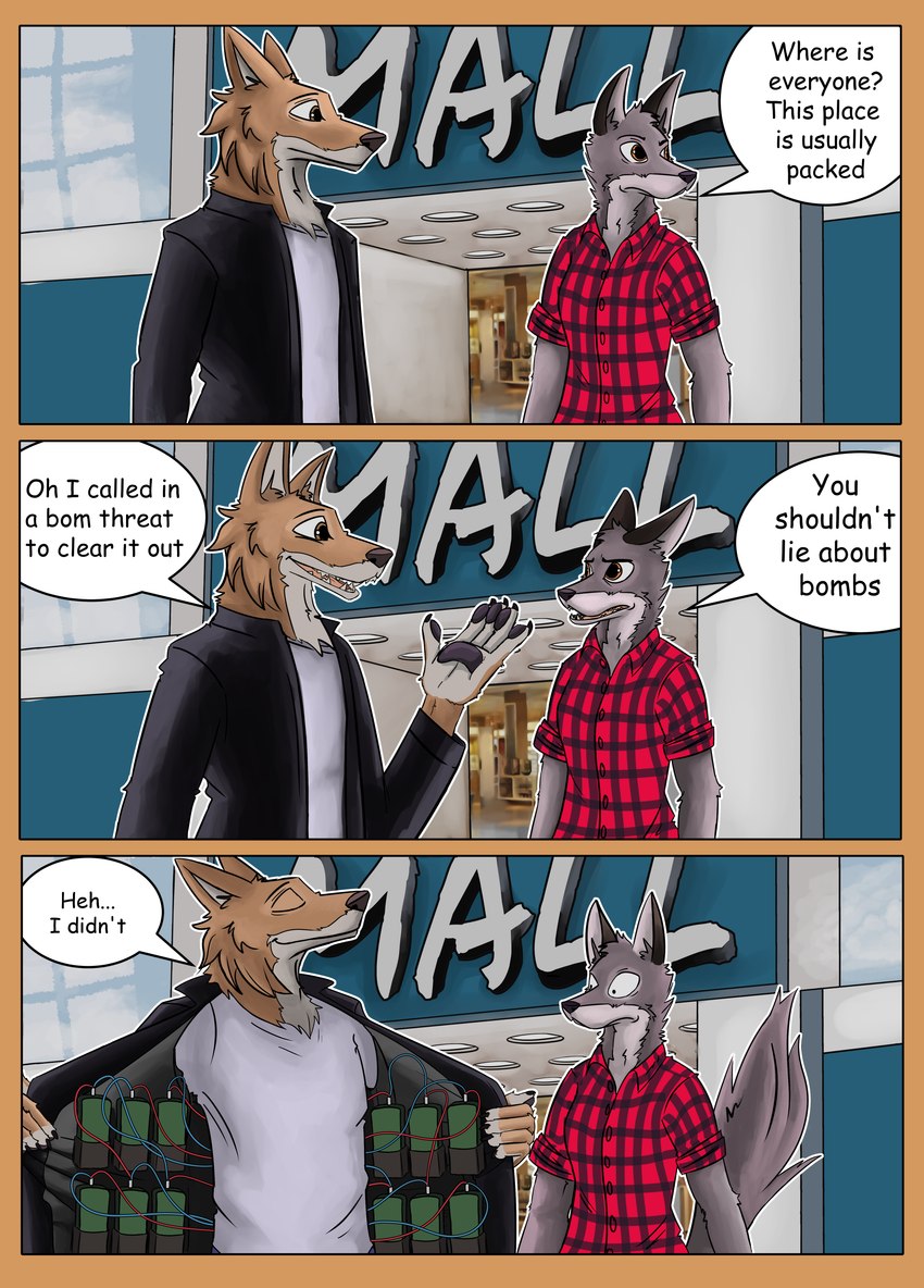 anthro bomb clothed clothing detailed_background dialogue duo explosives inside male mall shirt shocked speech_bubble text topwear rakuno daxy_(adaxyn) ragey canid canine canis coyote mammal red_wolf wolf absurd_res comic digital_media_(artwork) english_text hi_res