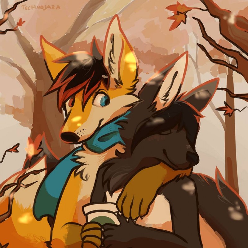 anthro autumn beverage coffee duo food heterochromia male male/male romantic romantic_ambiance romantic_couple scarf technojara ash_harden nanabi_ashiro canid canine fox hybrid mammal 1:1