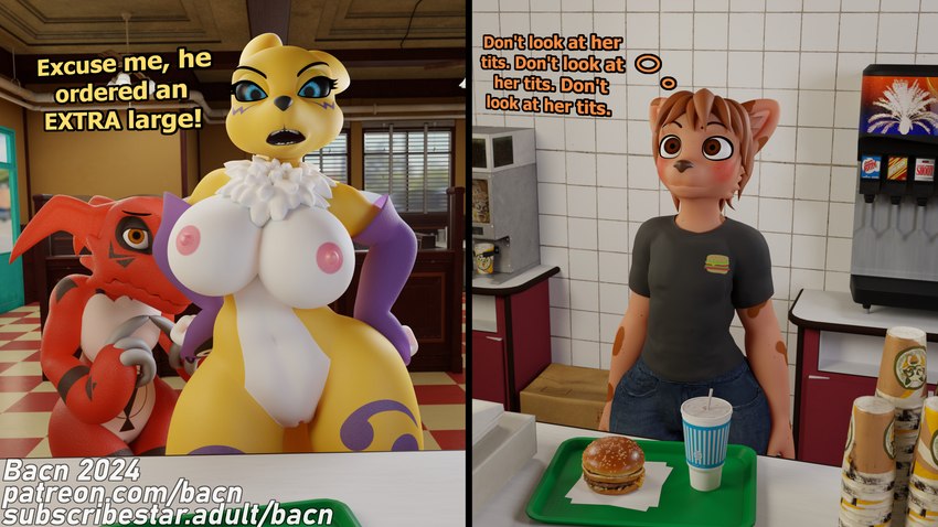 angry anthro areola big_breasts blue_eyes blush breasts burger casual_nudity claws clothed clothed/nude clothing detailed_background dialogue dominant dominant_female fast_food female food genitals group hair huge_breasts looking_at_viewer male navel nipples nude open_mouth public public_nudity pussy shy teeth text trio white_body yellow_body bacn bandai_namco digimon guilmon_(bacn) renamon_(bacn) canid canine digimon_(species) fox guilmon mammal renamon scalie 2024 3d_(artwork) absurd_res comic digital_media_(artwork) english_text hi_res