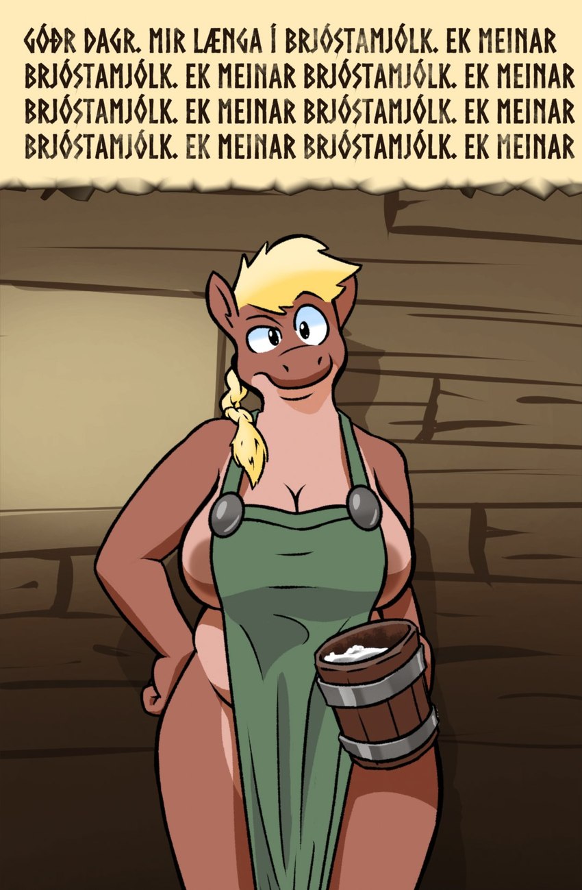 anthro apron apron_only areola areola_slip big_breasts blonde_hair breasts clothing confusion female green_apron green_clothing hair milk mostly_nude old_norse_text overweight repeated_text side_boob solo text bernie-buddy i_mean_breast_milk bovid bovine mammal hi_res icelandic_text meme