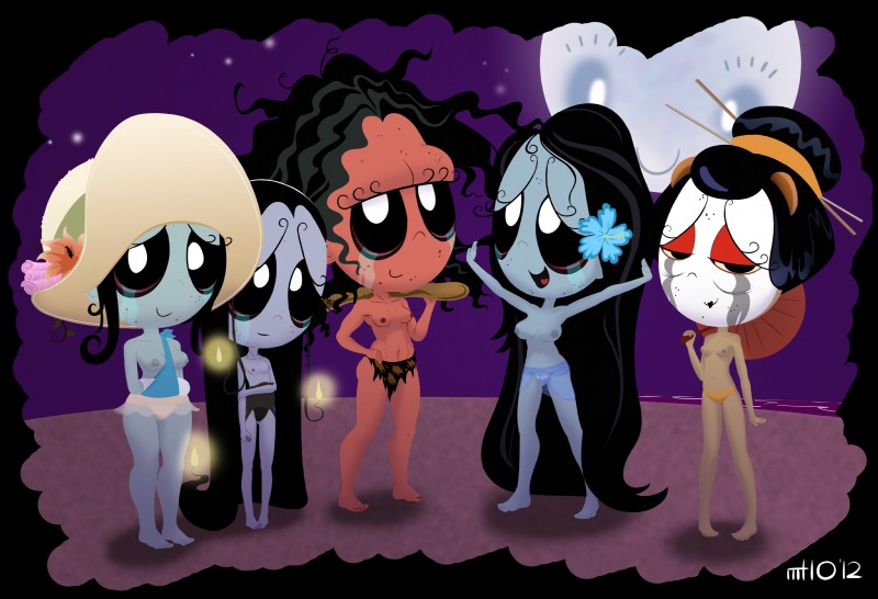 alternative_fashion asian breasts caveman chibi female flower goth group navel nipples not_furry open_mouth plant smile empty-10 ruby_gloom_(series) malady mayhem migraine mildew misery_(ruby_gloom) motley humanoid absurd_res hi_res