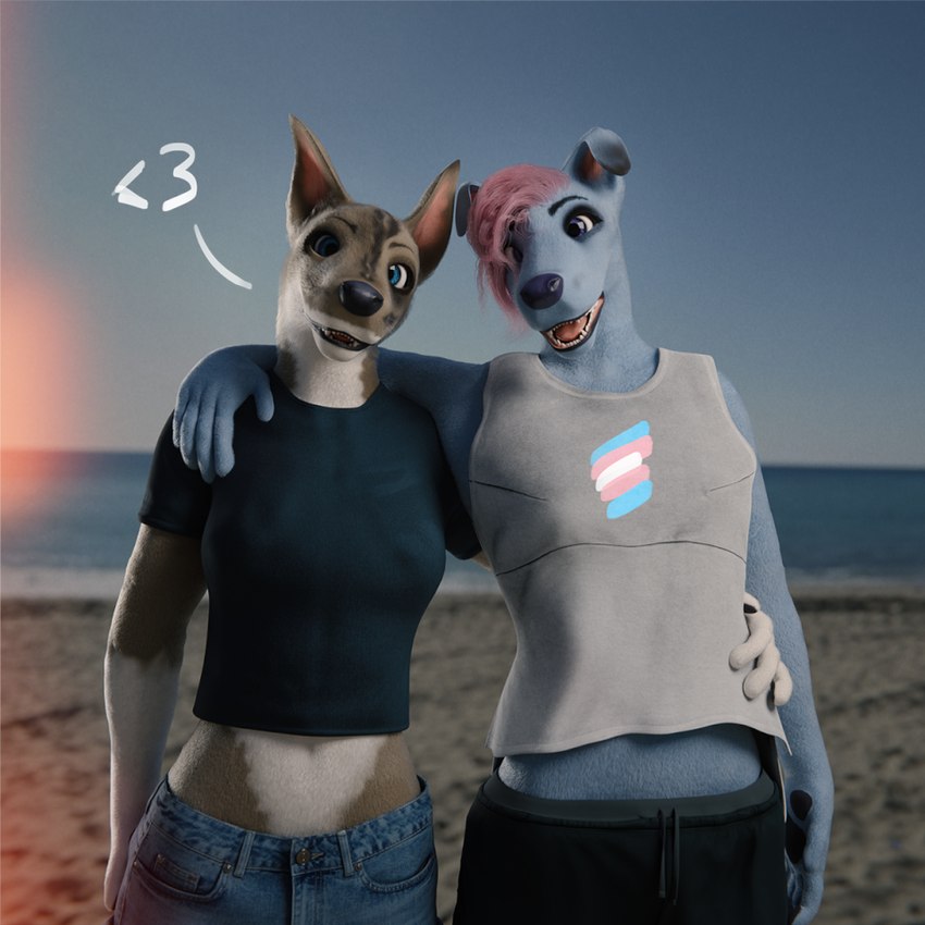 anthro beach clothing crop_top duo female film_grain midriff photography shirt square topwear visibly_trans plesiodog blender_cycles riley_(plesiodog) canid canine canis domestic_dog husky mammal nordic_sled_dog spitz tamaskan_dog 1:1 3d_(artwork) blender_(artwork) digital_media_(artwork) trans_(lore) trans_woman_(lore)