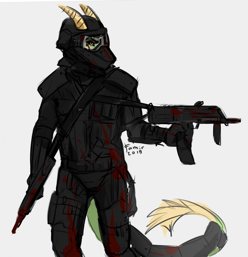 anthro armor black_clothing black_sclera blood bodily_fluids clothed clothing green_body green_tail gun holding_gun holding_object holding_ranged_weapon holding_weapon horn male mp7 ranged_weapon solo standing tail tail_tuft tuft weapon yellow_eyes yellow_horn famir_(artist) famir_(character) 2019 dated hi_res portrait signature three-quarter_portrait