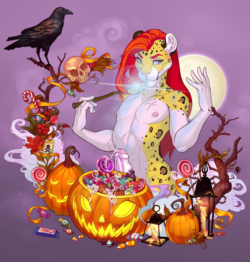 bodily_fluids candy cum dessert femboy food genital_fluids genitals hair holidays magic male penis piercing red_hair felicesta rowanzero halloween rowan_zero amur_leopard felid leopard mammal pantherine 2022 absurd_res hi_res