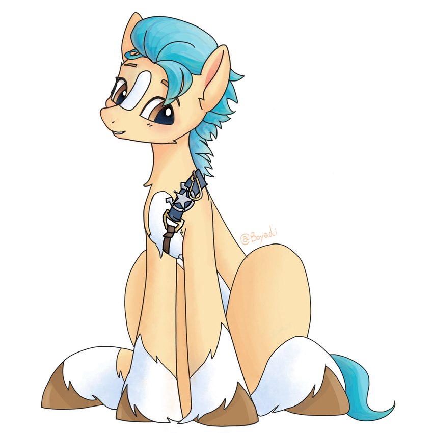 blue_hair hair male sitting smile teeth boyadi hasbro mlp_g5 my_little_pony hitch_trailblazer_(mlp) equid equine horse mammal pony 1:1 absurd_res hi_res