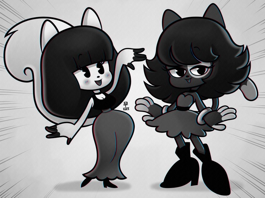 anthro clothing curvy_figure dress duo female hourglass_figure retro toony wazzaldorp billie_(wazzaldorp) millie_(wazzaldorp) domestic_cat felid feline felis mammal 2023 absurd_res greyscale hi_res monochrome