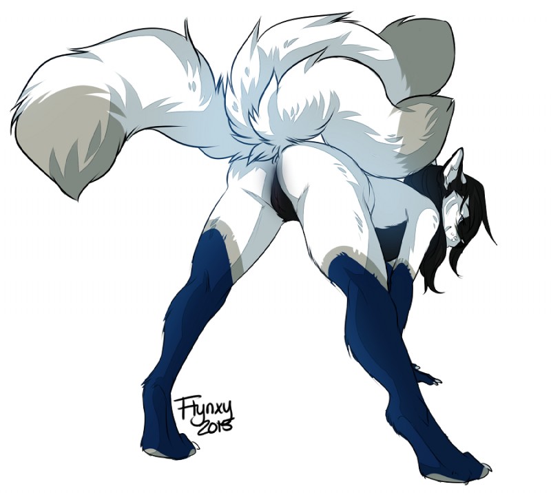 anthro bent_over black_body black_fur black_hair black_nose black_pussy blue_eyes blue_fair breasts butt female fur genitals grey_pawpads hair looking_at_viewer looking_back multi_tail nude pawpads presenting presenting_hindquarters presenting_pussy pussy side_boob simple_background solo tail white_background white_body white_fur flynx-flink azora_(tanek_woofer) tanek_woofer canid canine canis hybrid mammal wolf 2015