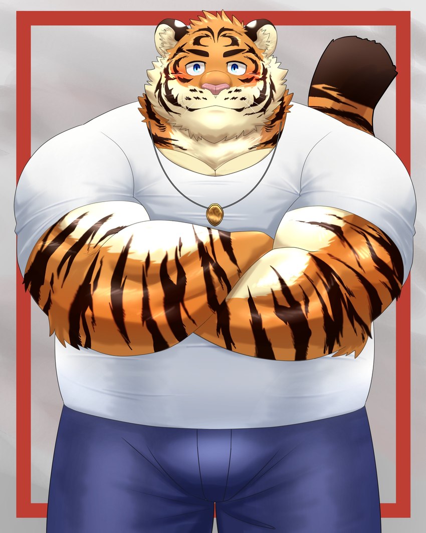 anthro blue_eyes bottomwear clothing countershading kemono male musclegut muscular overweight overweight_male pants shirt solo topwear shillon0610 felid mammal pantherine tiger 2022 absurd_res hi_res