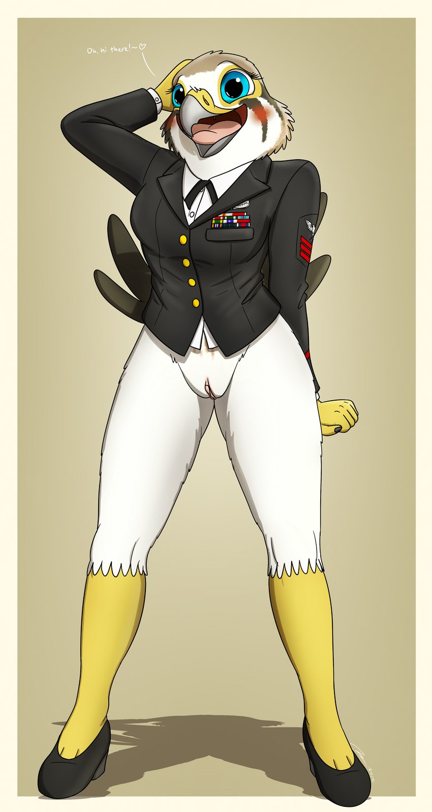 anthro blush border bottomless breasts clitoris clothed clothing exhibitionism female footwear genitals high_heels looking_at_viewer military military_uniform navy navy_uniform pose pussy shoes solo suit uniform white_border fish_birb u.s._navy evy_(fish_birb) american_kestrel avian bird falcon falconid kestrel absurd_res hi_res pinup