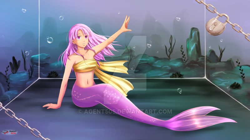 captured female glass hair lock pink_body pink_eyes pink_hair pink_scales scales split_form underwater water huuxera the_goonies annie_the_mermaid humanoid marine merfolk watermark