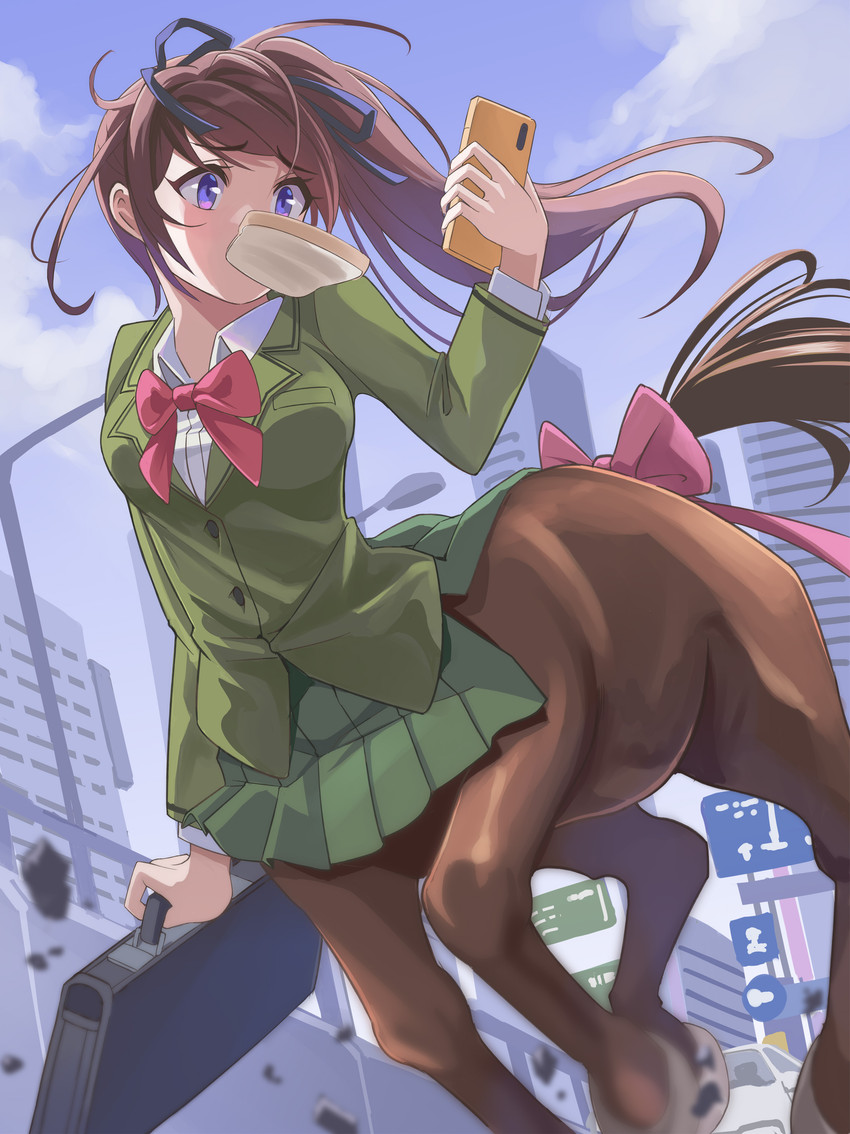 5_fingers accessory bottomwear bow_ribbon bow_tie breasts cellphone city city_background clothed clothed_female clothed_taur clothing electronics eyebrow_through_hair eyebrows eyelashes female fingers furgonomics green_bottomwear green_clothing green_jacket green_skirt green_topwear hair holding_briefcase holding_cellphone holding_object holding_phone iris jacket looking_at_cellphone looking_at_object looking_at_phone medium_breasts outside phone pink_bow_tie pupils quadruped ribbons running skirt sky solo street street_lamp tail tail_accessory tail_bow tail_ribbon toast_in_mouth topwear translucent translucent_hair nikulas_cage european_mythology greek_mythology mythology centaur equid equid_taur humanoid_taur mammal mammal_taur taur absurd_res hi_res