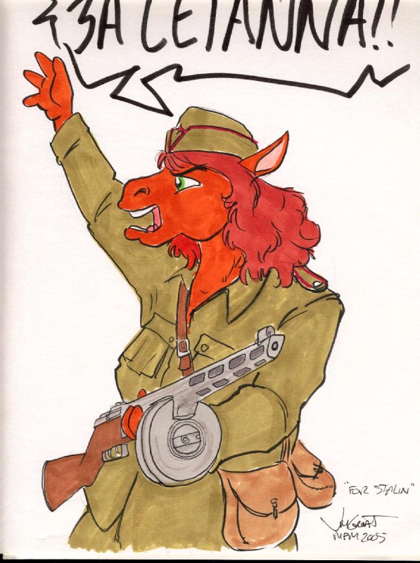 anthro clothing female fur green_eyes gun gymnastorka hair military orange_body orange_fur orange_hair pilotka politics ppsh-41 ranged_weapon russian simple_background solo soviet_union star submachine_gun text uniform weapon white_background world_war_2 rabbi-tom joseph_stalin red_shetland equid mammal russian_text