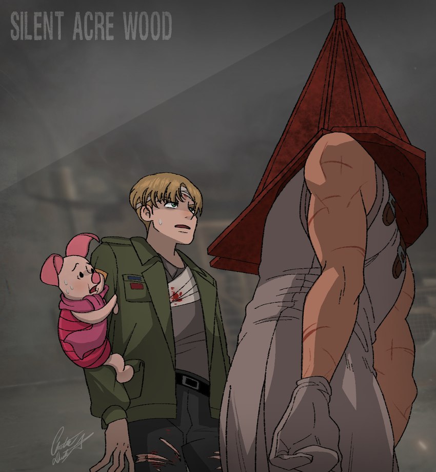 james sunderland, piglet, and pyramid head (winnie the pooh (franchise) and etc) created by chris-thekid