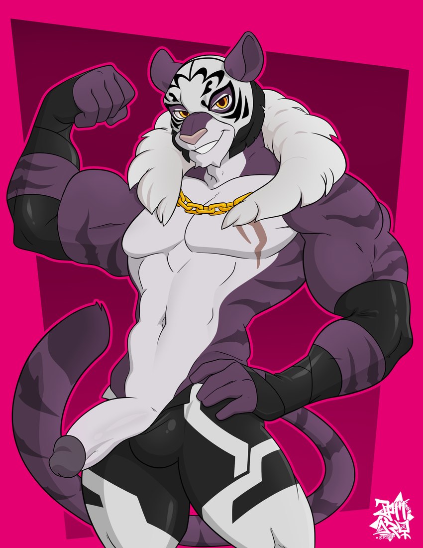 anthro bottomwear chain clothing erection flexing fur genitals gold_(metal) gold_chain looking_at_viewer lucha_libre_mask male mask muscular muscular_anthro muscular_male pants penis purple_body purple_fur scar simple_background smile solo sports_mask sportswear standing tail white_body white_fur wrestler wrestling_mask jomaro_(artist) atlas_(shai_dreamcast) felid mammal pantherine tiger 2024 absurd_res digital_media_(artwork) hi_res