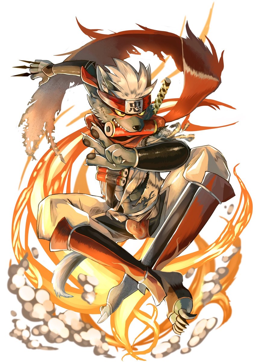 accessory asian_clothing bulge clothing east_asian_clothing fire fundoshi hair headband japanese_clothing kunai male melee_weapon red_eyes scar scroll scroll_in_mouth solo sword torn_clothing underwear weapon white_hair yellow_sclera mugaiii700 lifewonders tokyo_afterschool_summoners tadatomo_(tas) canid canine canis domestic_dog mammal hi_res