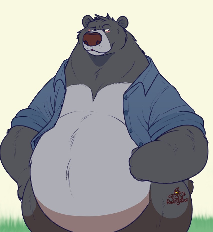 anthro belly big_belly blush bottomless bottomless_anthro bottomless_male clothed clothing fur hand_on_hip male mostly_nude obese obese_anthro obese_male open_clothing open_shirt open_topwear overweight overweight_anthro overweight_male shirt shirt_only solo standing topwear topwear_only razigator disney the_jungle_book baloo bear mammal sloth_bear ursine 2024 hi_res signature