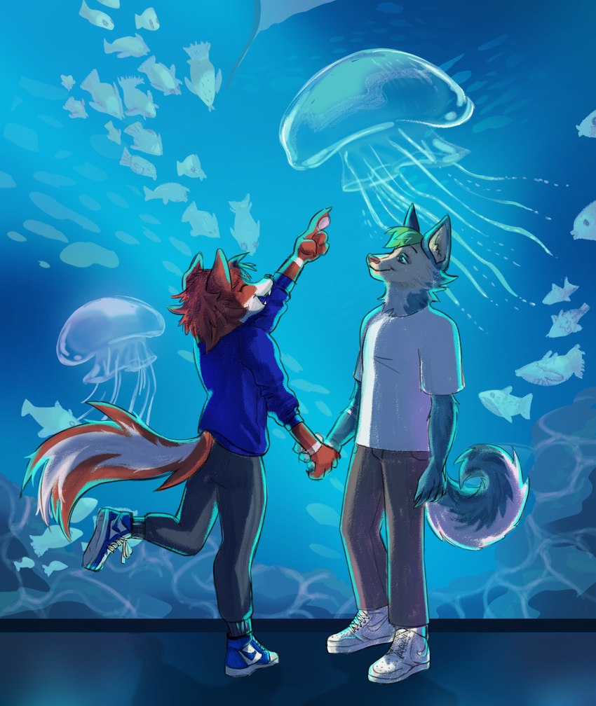 anthro aquarium date duo ebb_owo flow_owo hand_holding male male/male romantic romantic_couple vivarium amikoss ebb flow canid canine canis fish fox hybrid mammal marine wolfdog hi_res