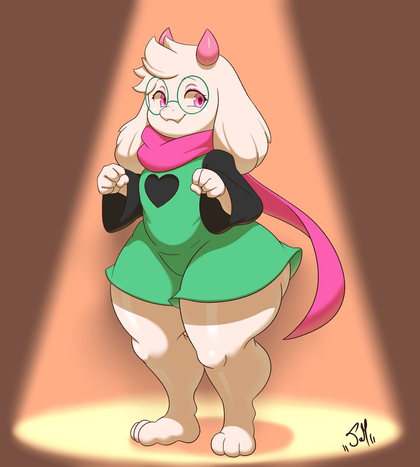 anthro barefoot big_butt biped bottomless butt clothed clothing eyewear feet femboy floppy_ears fur glasses horn looking_at_viewer male scarf smile smiling_at_viewer solo text thick_thighs white_body wide_hips chapsan deltarune undertale_(series) ralsei bovid caprine mammal 2024 absurd_res digital_media_(artwork) english_text hi_res