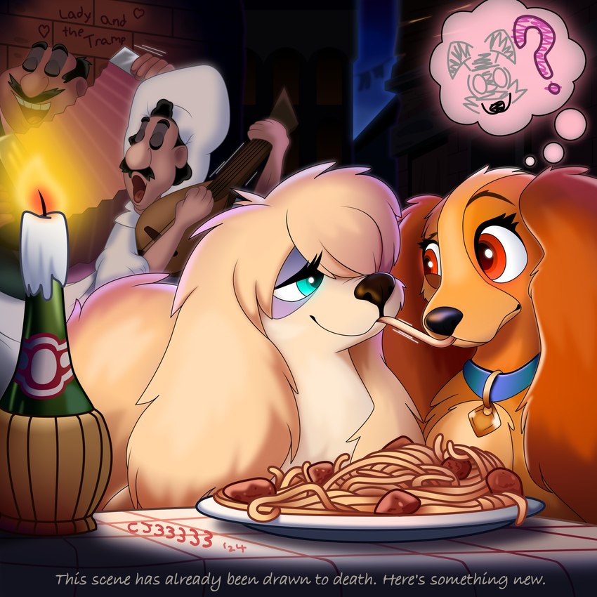 alcohol alley bedroom_eyes beverage blue_eyes brick_wall candle collar collar_tag confusion diamond_collar_tag duo eyelashes female female/female feral food group narrowed_eyes pasta question_mark red_eyes scribbles seductive singing smile spaghetti tablecloth text thought_bubble wall_(structure) wide_eyed wine cj33333 disney lady_and_the_tramp spaghetti_scene lady_(lady_and_the_tramp) peg_(lady_and_the_tramp) bird_dog canid canine canis cocker_spaniel domestic_dog human hunting_dog mammal spaniel tibetan_spaniel toy_dog 1:1 english_text hi_res