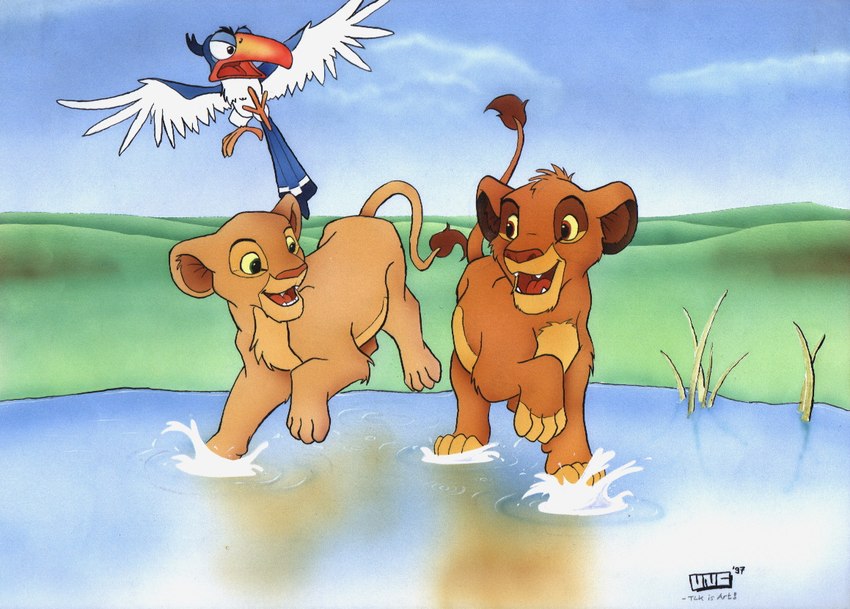 ambiguous_gender blue_body blue_feathers brown_body brown_fur feathers feral fur group pond quadruped splashing_water trio walking_in_water white_body white_feathers young unicorn_(artist) disney the_lion_king nala_(the_lion_king) simba_(the_lion_king) zazu_(the_lion_king) avian bird bucerotiform felid hornbill lion mammal pantherine red-billed_hornbill 1997 signature tagme female_(lore) male_(lore)