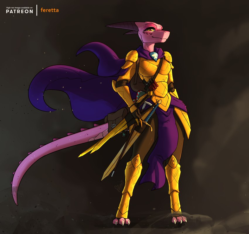 abstract_background accessory anthro armor backpack bag billowing_cape cape clothing dust_cloud female furgonomics horn looking_at_viewer melee_weapon pink_body potion solo sword tail tail_accessory tail_bag three-quarter_view vial walking_cane weapon yellow_eyes feretta marun_(reaperonico) kobold scalie hi_res