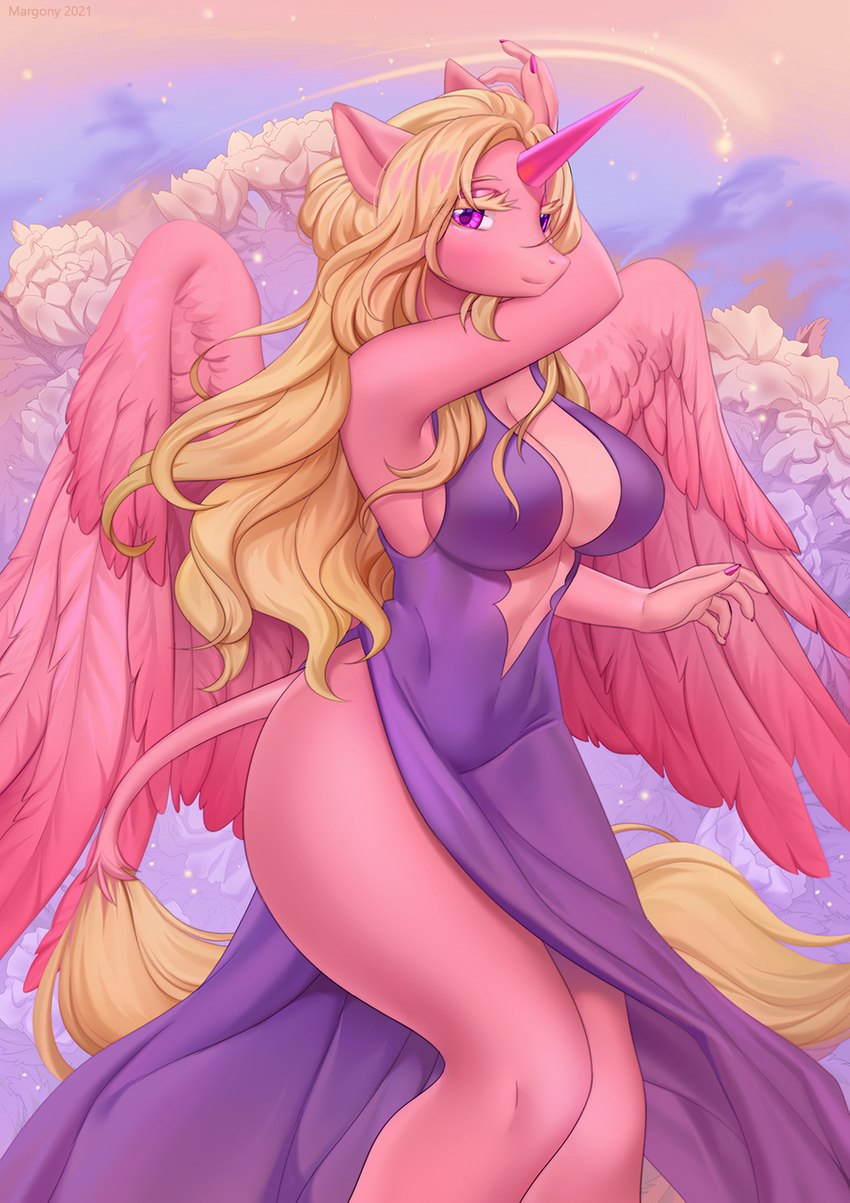 5_fingers anthro big_breasts breasts clothed clothing day detailed_background eyebrows eyelashes feathered_wings feathers female fingers fur hair horn looking_at_viewer orange_hair outside pink_body pink_eyes pink_feathers pink_fur sky smile solo wings margony mythology equid equine mammal mythological_creature mythological_equine winged_unicorn 2021 digital_media_(artwork) hi_res