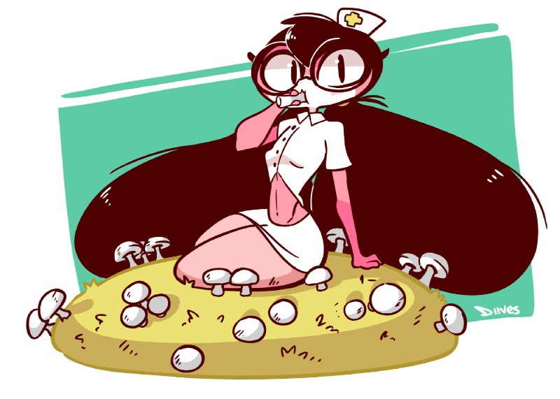 anthro biped black_hair blouse bottomwear breasts clothing eating eyelashes eyewear female food fungus glasses hair holding_food holding_object looking_at_viewer mushroom non-mammal_breasts nurse pink_body pink_scales pupils scales sitting skirt slit_pupils small_breasts solo thick_thighs topwear diives xingzuo_temple gu_(diives) reptile scalie snake 2019 digital_media_(artwork) signature