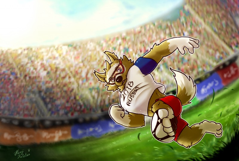 anthro ball clothing group kick male mascot shirt soccer soccer_ball solo_focus sport text text_on_clothing text_on_shirt text_on_topwear topwear henjikotetsu fifa zabivaka canid canine canis mammal wolf 2016 digital_media_(artwork)