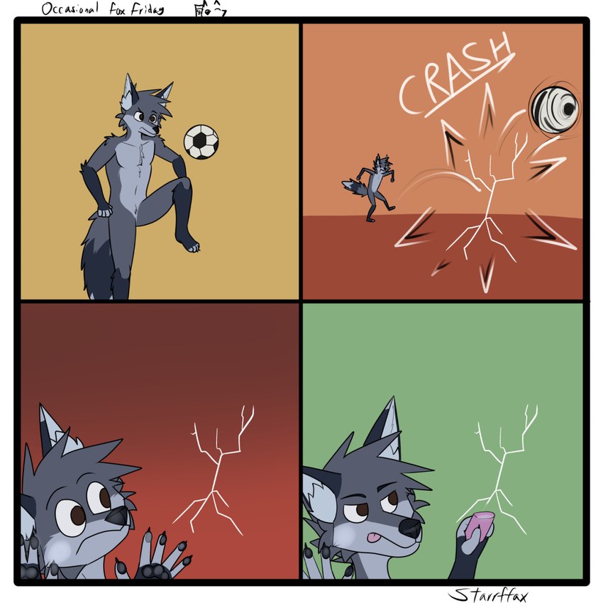 4_toes 5_fingers anthro ball black_nose breaking_glass breaking_the_fourth_wall brown_eyes cracked_glass dipstick_ears dipstick_tail drawn_over ear_markings eraser feet fingers fur glass grey_body grey_fur grey_hair hair male markings multicolored_body multicolored_ears multicolored_fur nude pink_tongue soccer_ball solo sound_effects tail tail_markings text toes tongue tongue_out two_tone_body two_tone_fur starrffax starrffax_(fox_sona) canid canine fox mammal 1:1 comic english_text hi_res