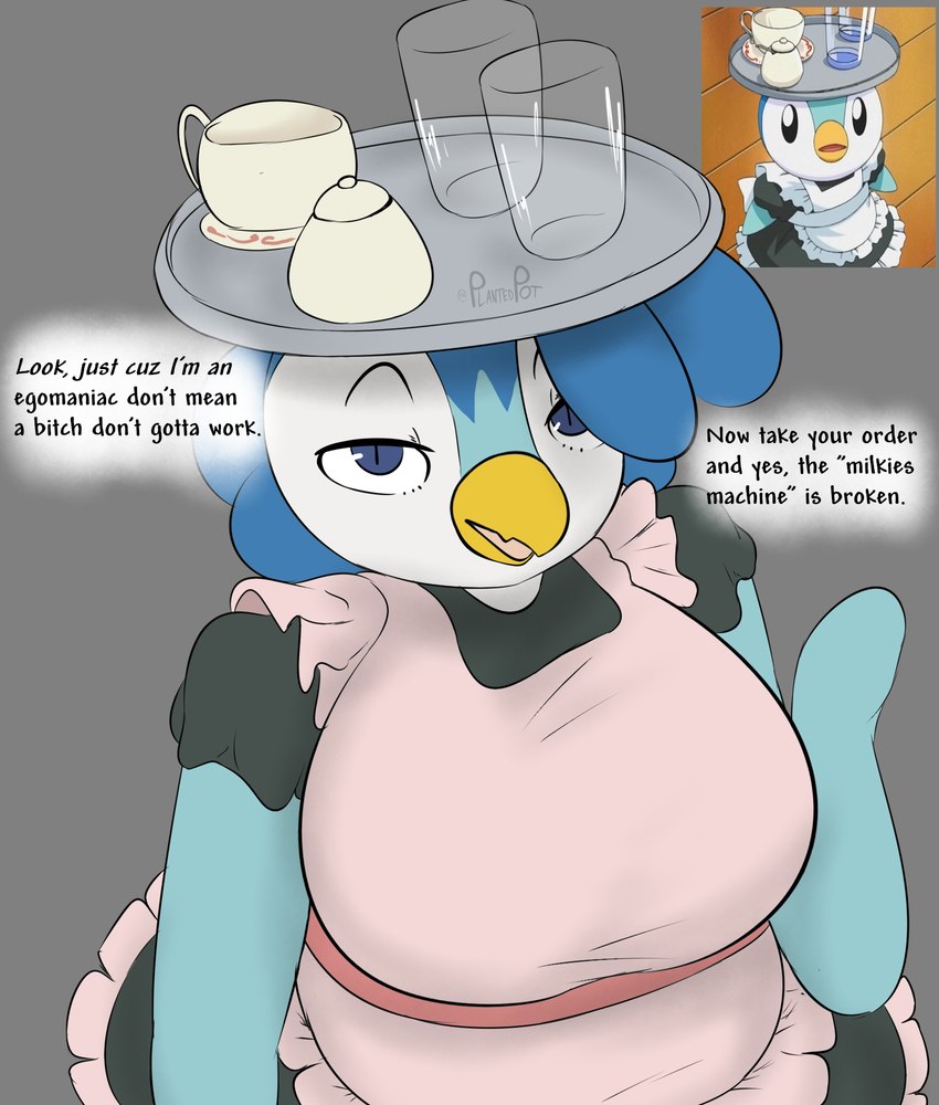 anthro beak big_breasts blue_body blue_feathers breasts clothing container countershade_face countershading cup feathers female looking_at_viewer looking_up looking_up_at_viewer maid_uniform object_on_head profanity serving_tray solo tea_cup text uniform white_body white_feathers plantedpot nintendo pokemon malinda_(plantedpot) avian bird generation_4_pokemon penguin piplup pokemon_(species) 2023 digital_media_(artwork) english_text hi_res redraw