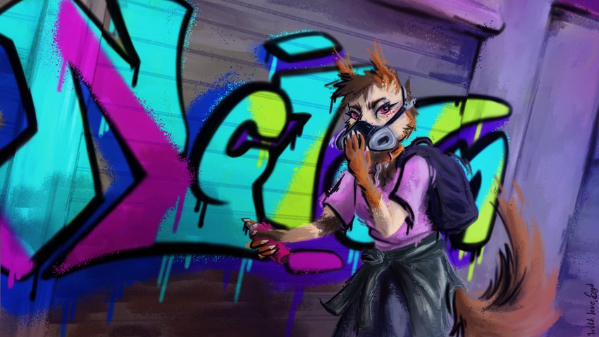 anthro clothed clothing female fully_clothed gas_mask graffiti graffiti_on_wall looking_at_viewer mask paint_can painterly painting_on_wall red_eyes solo sydney_onmars lexi_(drawlexia) canid canine canis domestic_dog mammal 16:9 4k absurd_res hi_res painting_(artwork) traditional_media_(artwork) widescreen