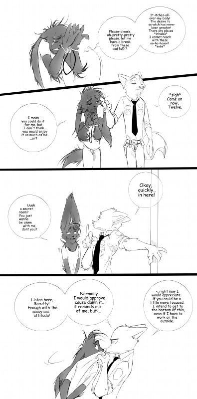 anthro clothed clothing cuff_(restraint) dialogue duo handcuffs inter_schminter male metal_cuffs police police_uniform restraints shackles speech_bubble text uniform spintherella disney zootopia max_midnight nick_wilde canid canine fox lagomorph leporid mammal rabbit red_fox true_fox 2016 absurd_res black_and_white comic english_text hi_res monochrome