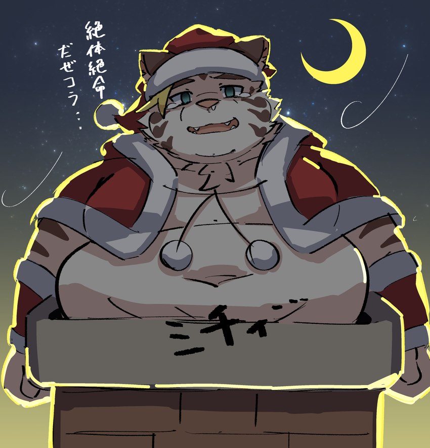 anthro belly big_belly chimney christmas_clothing christmas_headwear clothing hat headgear headwear holidays kemono male moon night obese obese_male overweight overweight_male santa_hat solo stuck white_body ptcmtr christmas lifewonders tokyo_afterschool_summoners licho_(tas) santa_claus felid mammal pantherine tiger 2021 hi_res