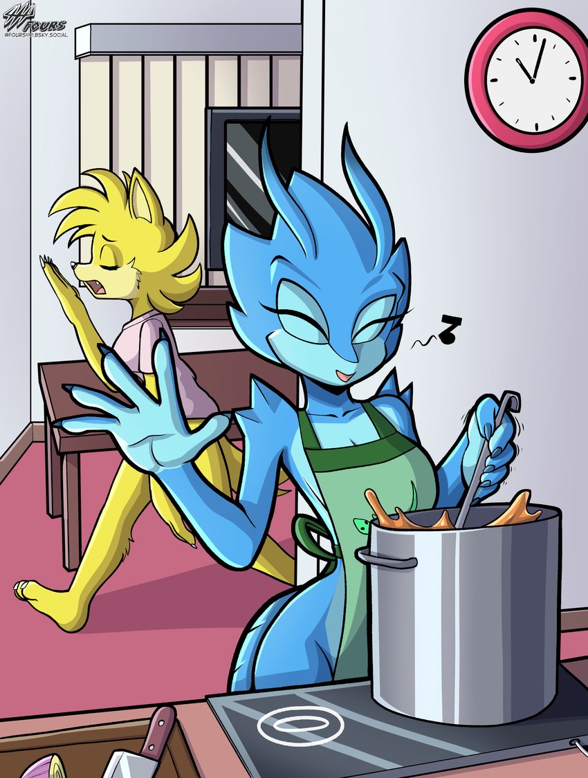 anthro apron apron_only blue_body bottomless breasts clothed clothing cooking duo female mostly_nude non-mammal_breasts shirt shirt_only singing topwear topwear_only waking_up yellow_body fourssss ellie_the_wolf skitter_the_gecko canid canine canis gecko lizard mammal reptile scalie wolf 2024 hi_res