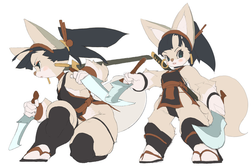 anthro asian_clothing black_eyes black_hair blush breasts clothing countershading dagger east_asian_clothing female hair holding_dagger holding_melee_weapon holding_object holding_weapon melee_weapon ponytail simple_background solo standing thick_thighs weapon white_background white_body white_countershading koki canid mammal 2019 hi_res