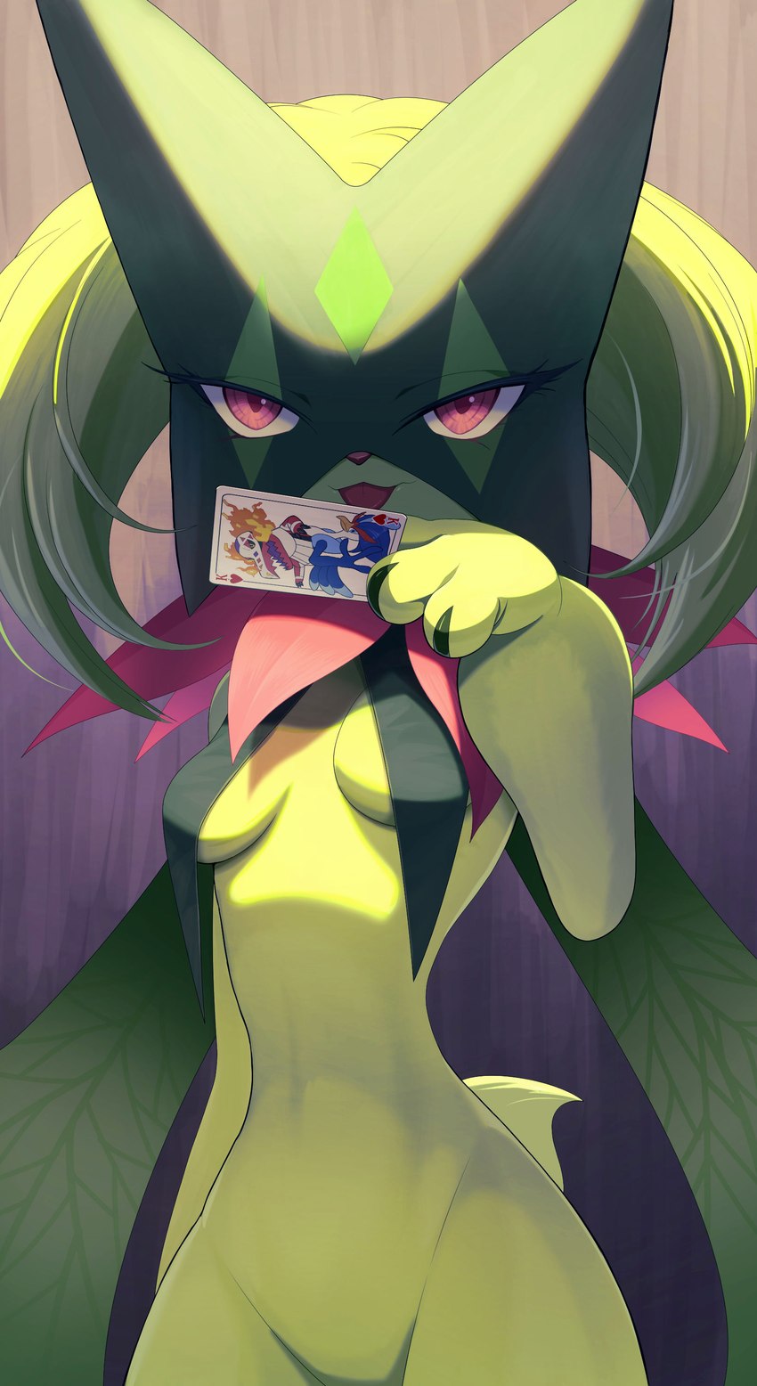 anthro breast_curtains breasts card claws eyelashes featureless_crotch female green_body green_hair hair looking_at_viewer open_mouth pink_eyes playing_card simple_background small_breasts solo tail pipopoppu nintendo pokemon avian bird felid feline generation_9_pokemon mammal meowscarada pokemon_(species) quaquaval reptile scalie skeledirge 2023 absurd_res hi_res