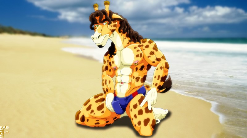 abs animal_print anthro beach biceps big_muscles clothed clothing cloud giraffe_print horn long_neck looking_at_viewer male muscular muscular_anthro muscular_male nipple_piercing nipples ossicone outside pecs piercing pose seaside skimpy sky solo speedo spread_legs spreading swimwear tail tail_tuft topless tuft fabfelipe giraffe giraffid mammal 2011