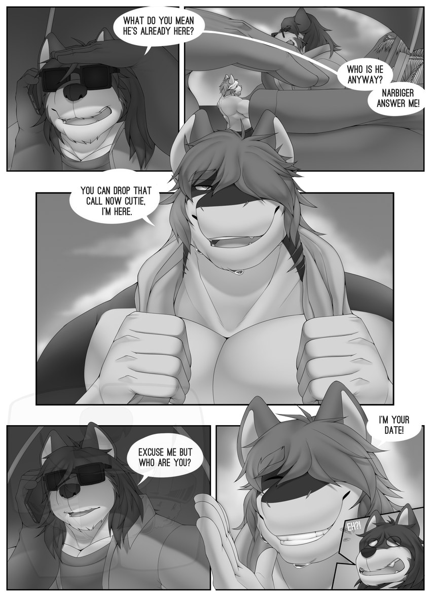 anthro duo male male/male text sush1d0g3 arc_(sush1d0g3) ken_(sush1d0g3) canid canine canis domestic_dog fish mammal marine shark comic english_text hi_res monochrome