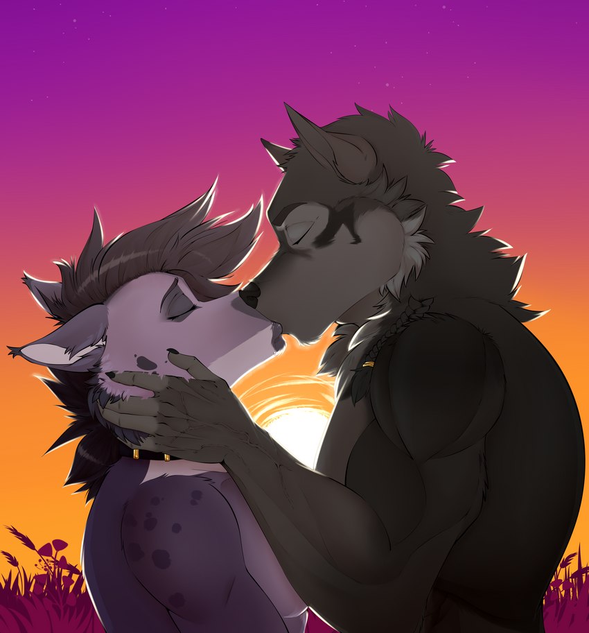 anthro collar duo eyes_closed female kiss_on_lips kissing male male/female passionate passionate_kiss sunset guepardoxart canid canine canis hyena mammal wolf absurd_res hi_res