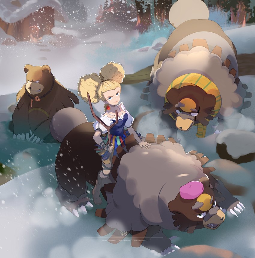 anthro brown_body clothed clothing detailed_background female feral group hat headgear headwear outside riding scarf sitting snow startboii dreamworks nintendo pokemon puss_in_boots_(franchise) baby_bear baby_bear_(puss_in_boots) goldilocks goldilocks_(puss_in_boots) mama_bear mama_bear_(puss_in_boots) papa_bear papa_bear_(puss_in_boots) ride_ursaluna_(pokemon_legends:_arceus) generation_2_pokemon generation_8_pokemon human mammal pokemon_(species) ursaluna ursaring 2023 hi_res