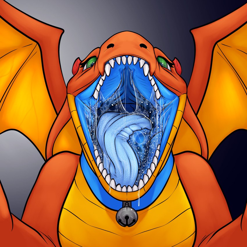 ambiguous_gender anthro bell bell_collar blue_insides blue_tongue bodily_fluids collar detailed_mouth dripping excessive_saliva female green_eyes holding_viewer horn imminent_vore looking_at_viewer mouth_shot open_mouth orange_body orange_scales orange_wings red_horn saliva saliva_drip saliva_on_tongue saliva_string scales simple_background solo tongue wings akudrache mythology blaze_(blaze125) dragon mythological_creature mythological_scalie scalie 1:1 hi_res shaded nonbinary_(lore)