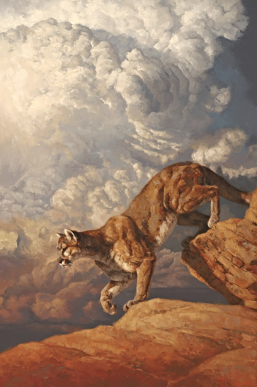 ambiguous_gender climbing cloud day feral fur linen multicolored_body multicolored_fur nature nature_background oil_on_canvas outside photorealism realistic realistic_shading rock sky skyscape solo tan_body tan_fur two_tone_body two_tone_fur white_body white_fur greg_beecham cougar felid feline mammal 2015 hi_res oil_painting_(artwork) painting_(artwork) traditional_media_(artwork)